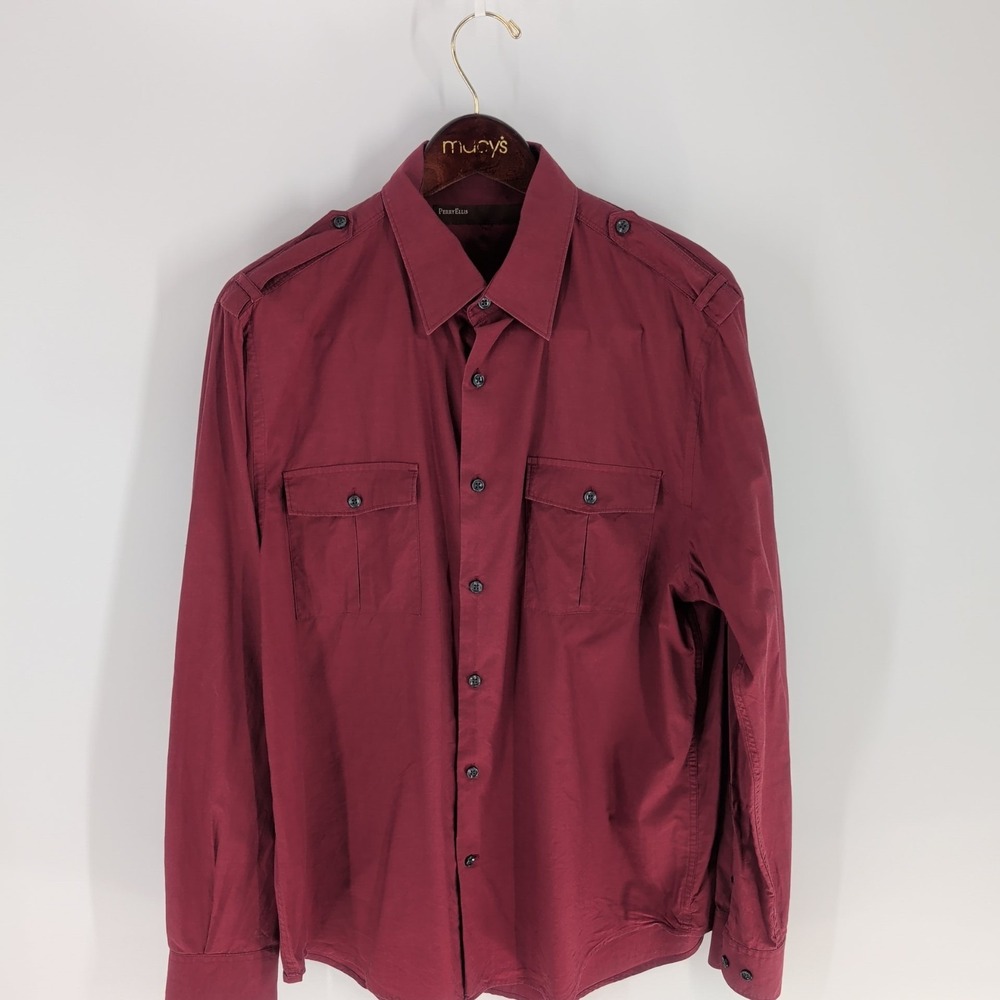 Perry Ellis Double Pocket Solid Long Sleeve Casual Button Up Shirt Maroon Size L